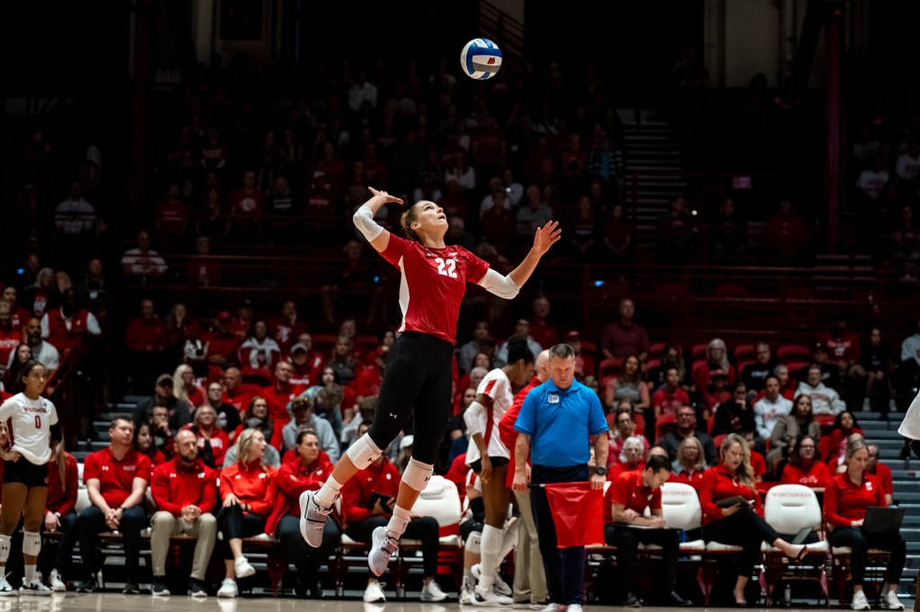Julia Orzol jumps to serve the ball