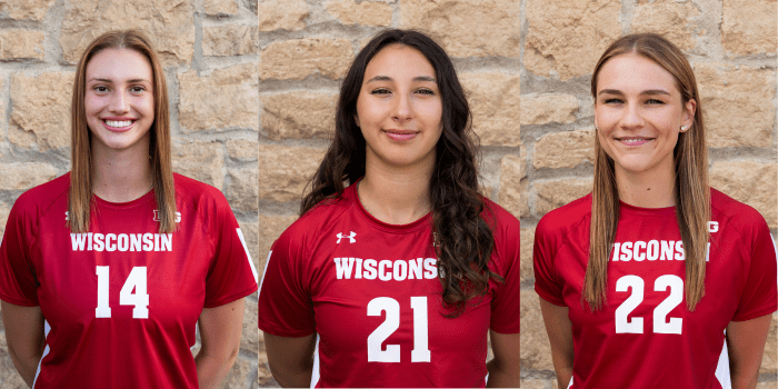 From left, Anna Smrek, Gülce Güçtekin and Julia Orzol of the Wisconsin Badgers volleyball team are international student-athletes, so they cannot profit from their Name, Image and Likeness on U.S. soil. Photos courtesy of UW Athletics.