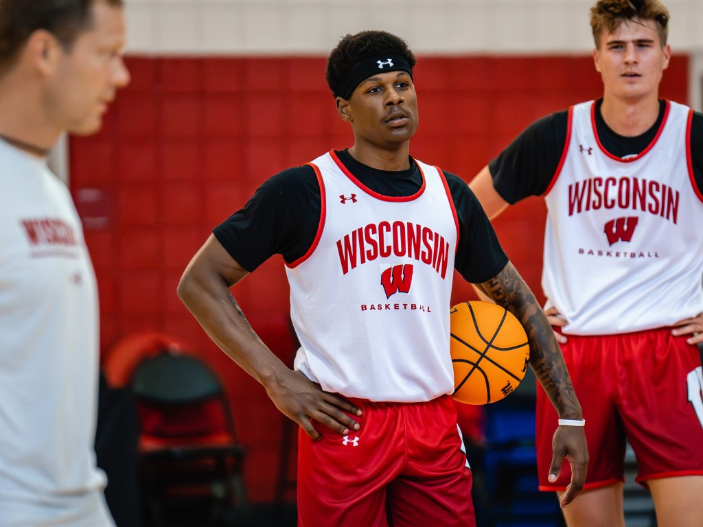 A photo of AJ Storr of the Wisconsin Badgers at practice.