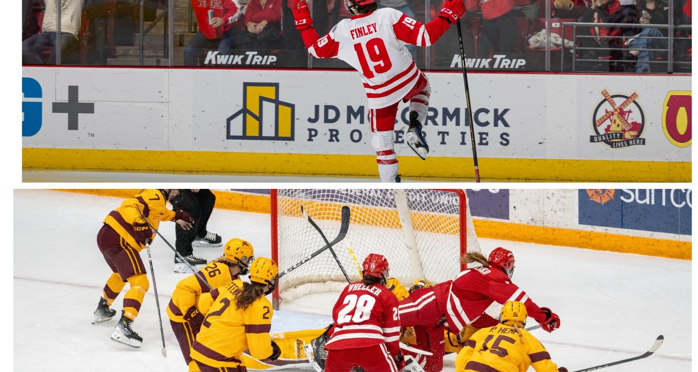 Two pictures, top is a men's hockey player celebrating a goal. Bottom is the womens team scraping for a goal.