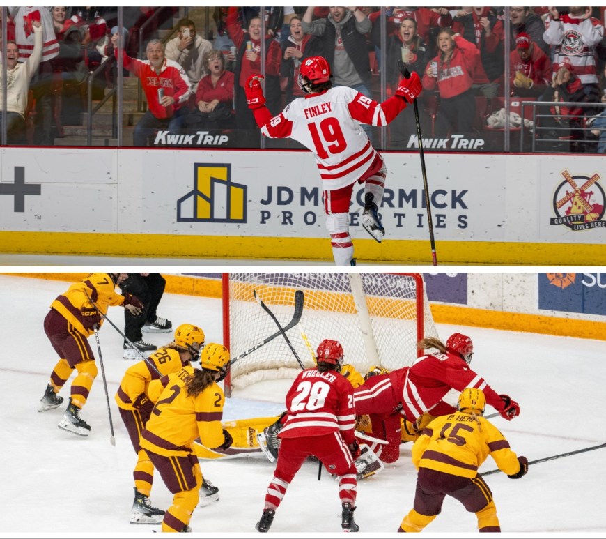 Two pictures, top is a men's hockey player celebrating a goal. Bottom is the womens team scraping for a goal.