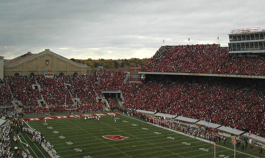 Inside of Camp Randall stadium, with no players on the field.