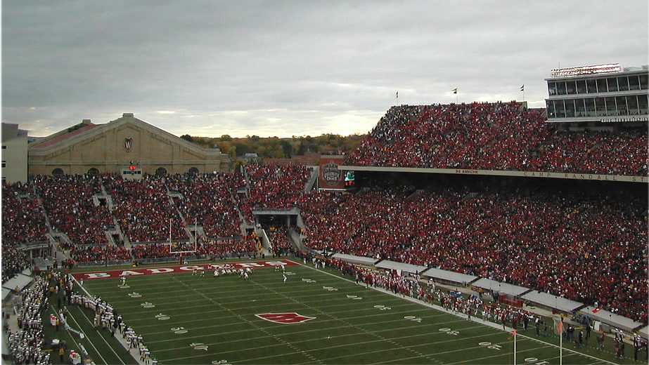 Inside of Camp Randall stadium, with no players on the field.