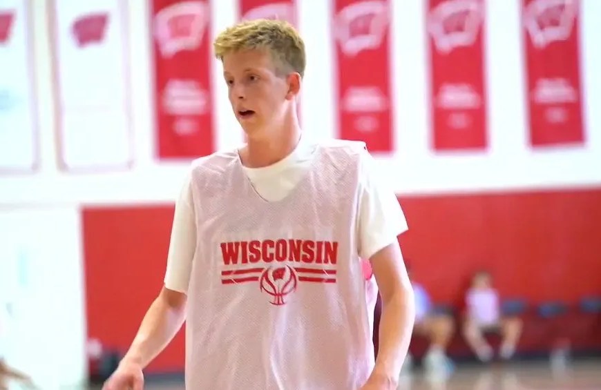 Jack Robison in a Wisconsin practice jersey at the Madison facility.