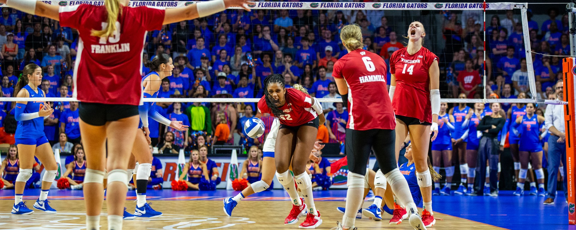 The Badgers celebrate a point against Florida earlier in the 2023 season.