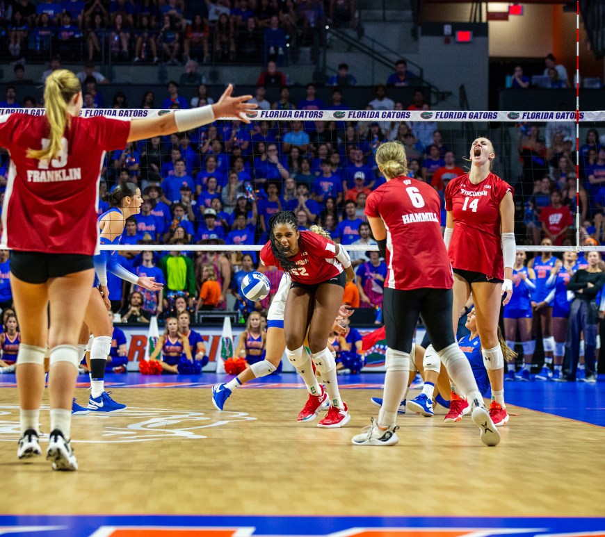 The Badgers celebrate a point against Florida earlier in the 2023 season.